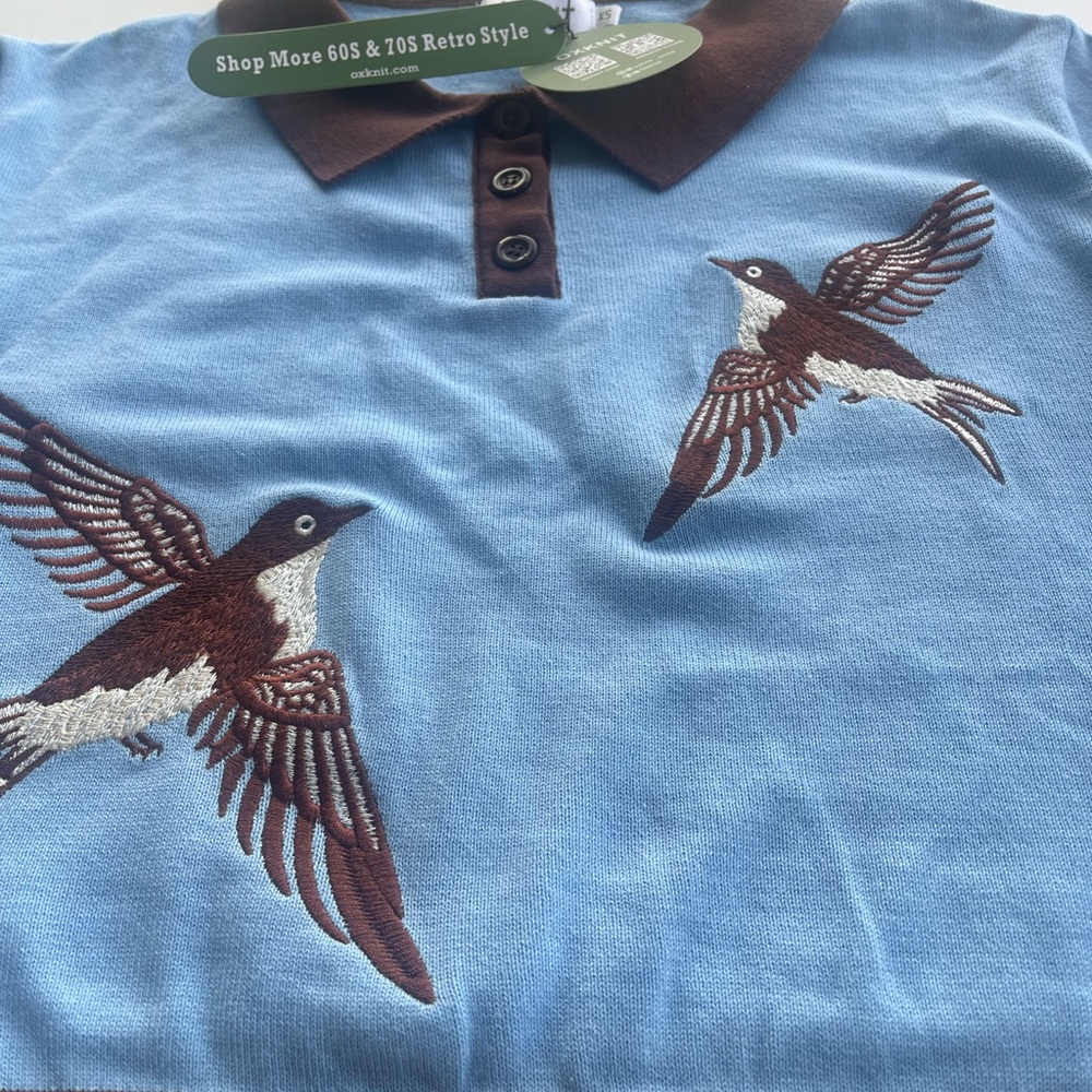 Blue and Brown Bird Embroidered Women's Sweater - Picture 3 of 11